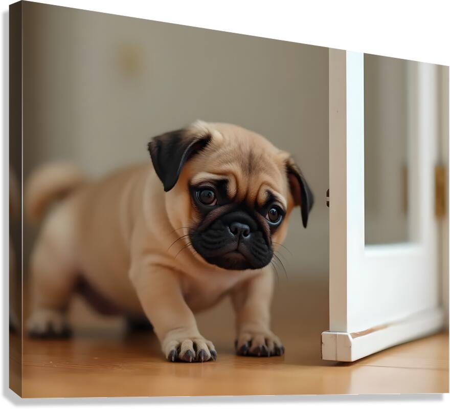 Pug Puppy Discovers The Pet Door Canvas Print
