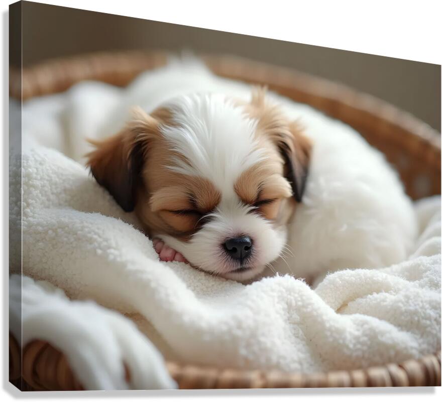 Peaceful Shih Tzu Puppy Sleeps In Cream Towels Canvas Print