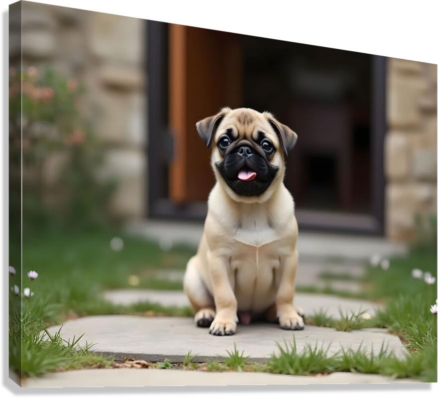 Tan and black Pug puppy with a wrinkled face sits proudly on a stone patio Canvas Print