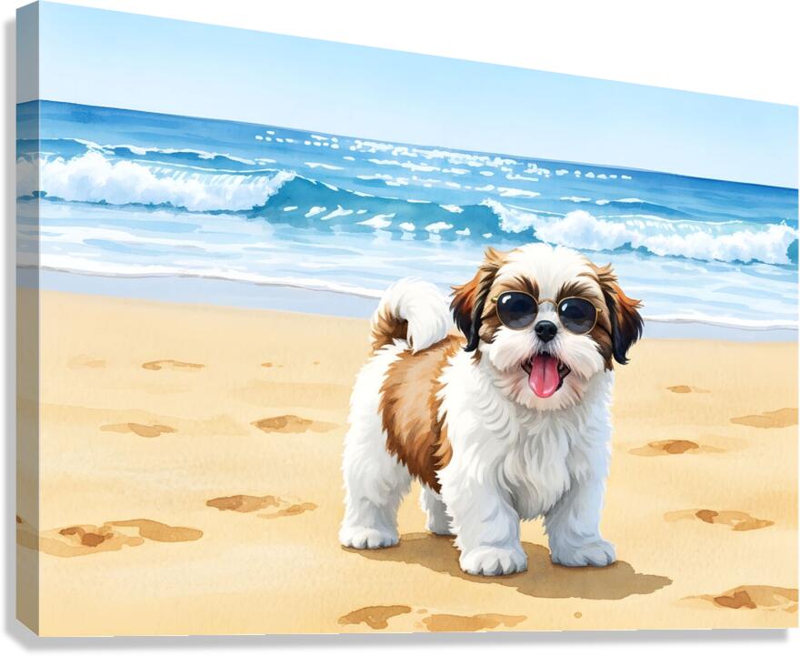 Shih Tzu Puppys First Beach Adventure With Cool Sunglasses Canvas Print