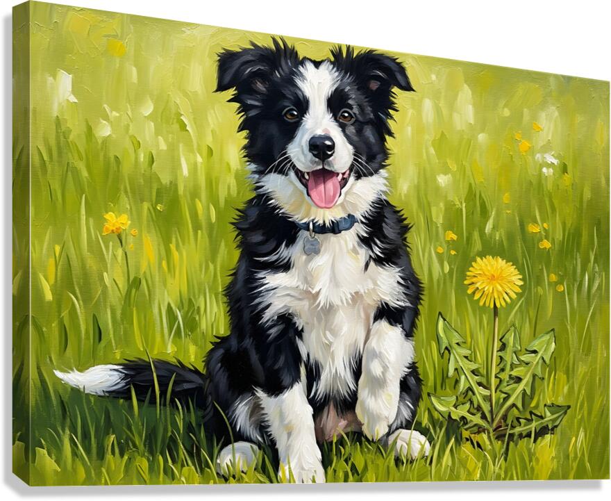 Happy Border Collie Puppy After Dandelion Discovery Canvas Print