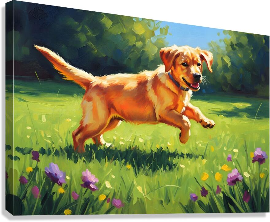 Happy Labrador Puppy Playing In Sunny Garden Canvas Print