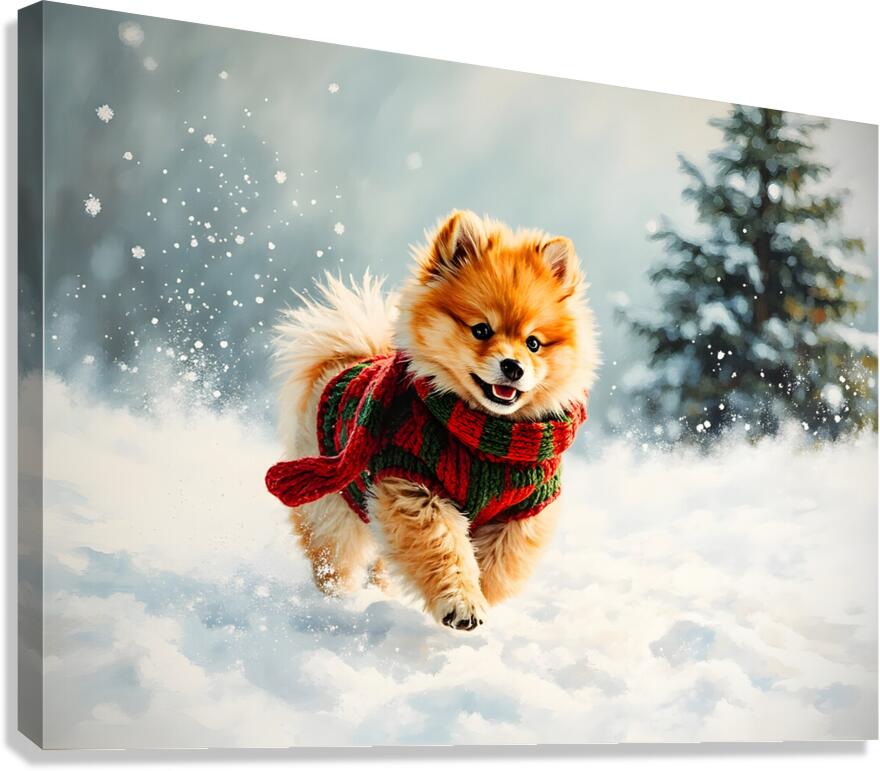 Pomeranian Puppy In Holiday Sweater Playing In Snow Canvas Print
