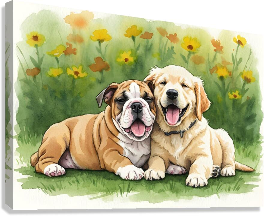 Bulldog Puppy Rests With New Best Friend Canvas Print