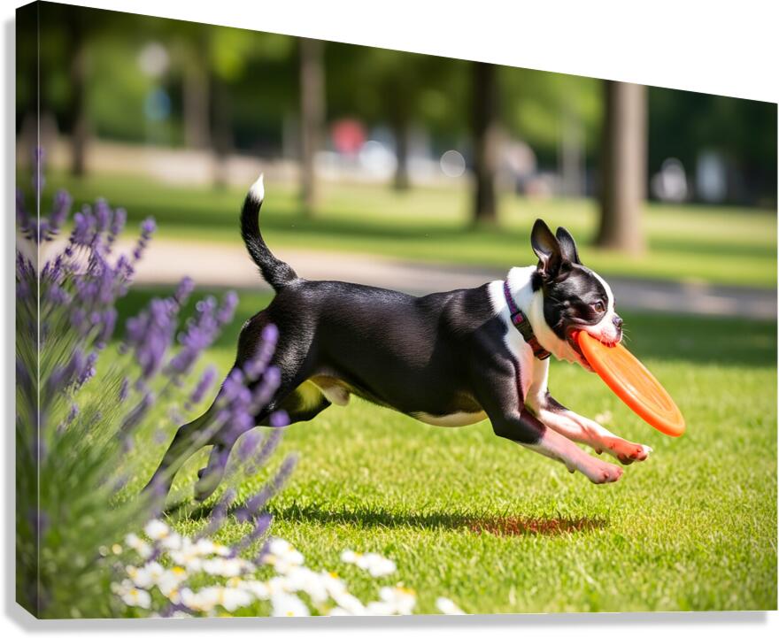 Proud Boston Terrier Puppy Lands With Caught Frisbee Canvas Print