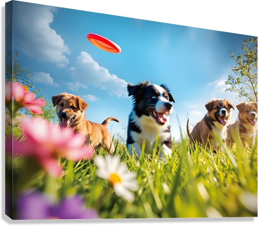 A black and white Border Collie puppy playing frisbee with his f Canvas Print