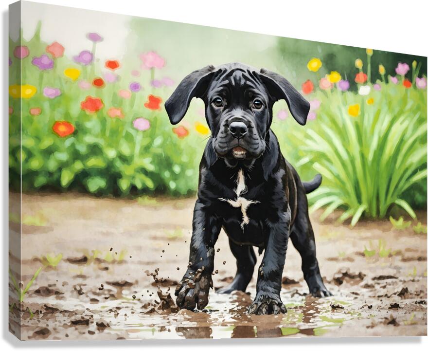 Cane Corso Puppy Playing In Muddy Garden Canvas Print