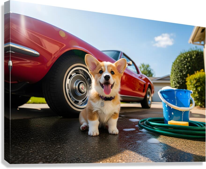 Corgi Puppy Ready For Car Wash Adventure Canvas Print