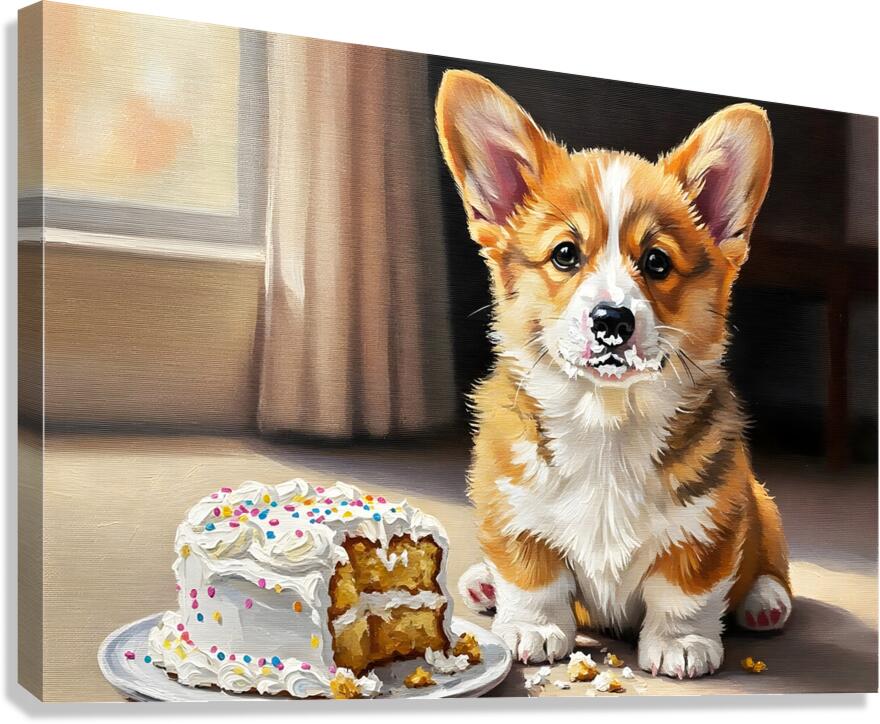 Happy Messy Corgi After Birthday Cake Canvas Print