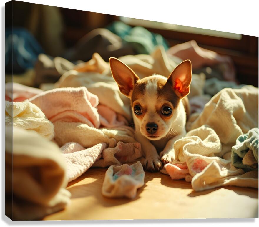 Chihuahua Puppy Discovers Laundry Adventure Canvas Print