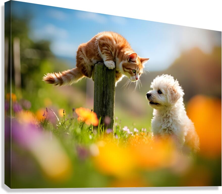 Bichon Frise Puppy Meets Garden Cat Canvas Print