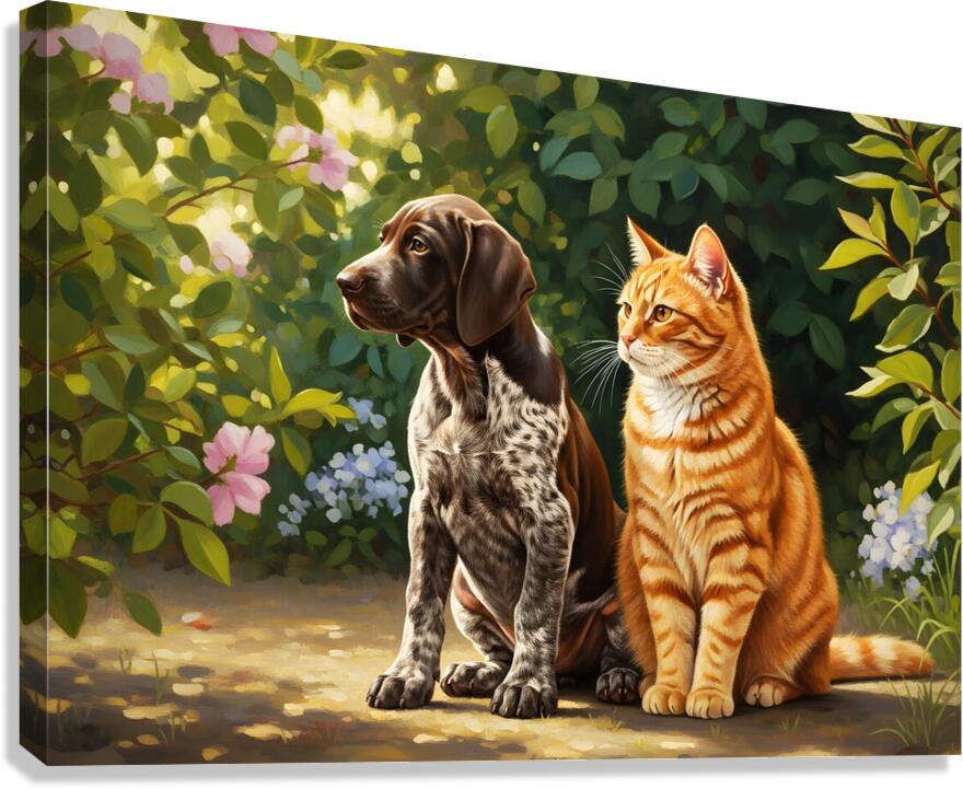 German Shorthaired Pointer Puppy Befriends Cat Canvas Print
