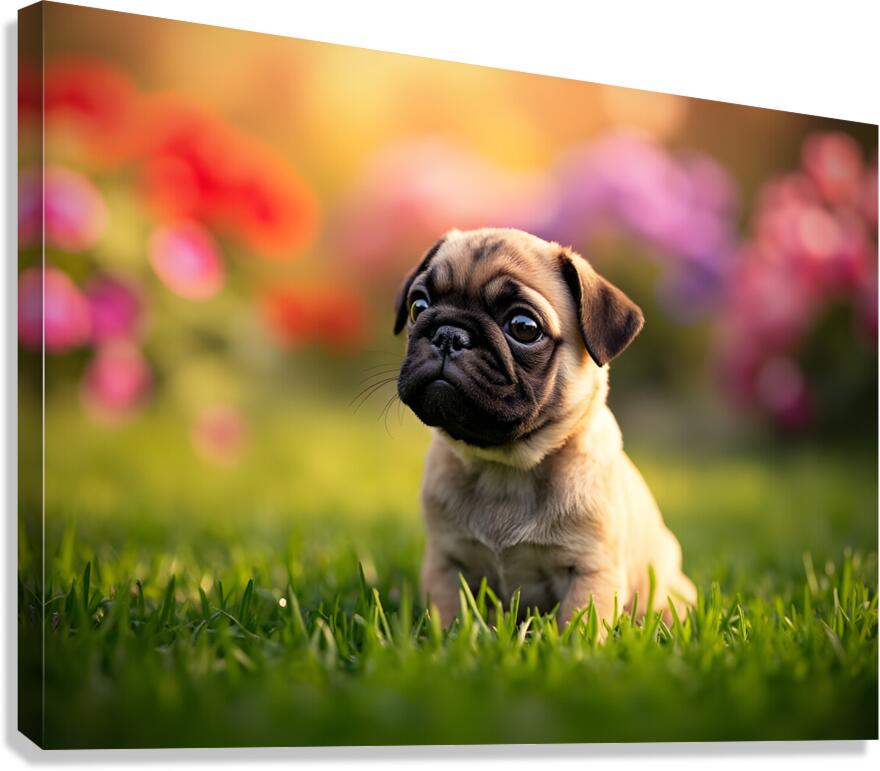 Pug Puppy Discovers Fun Game In Garden Canvas Print