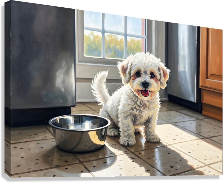 Bichon Frise Puppy Discovers Empty Food Bowl Canvas Print
