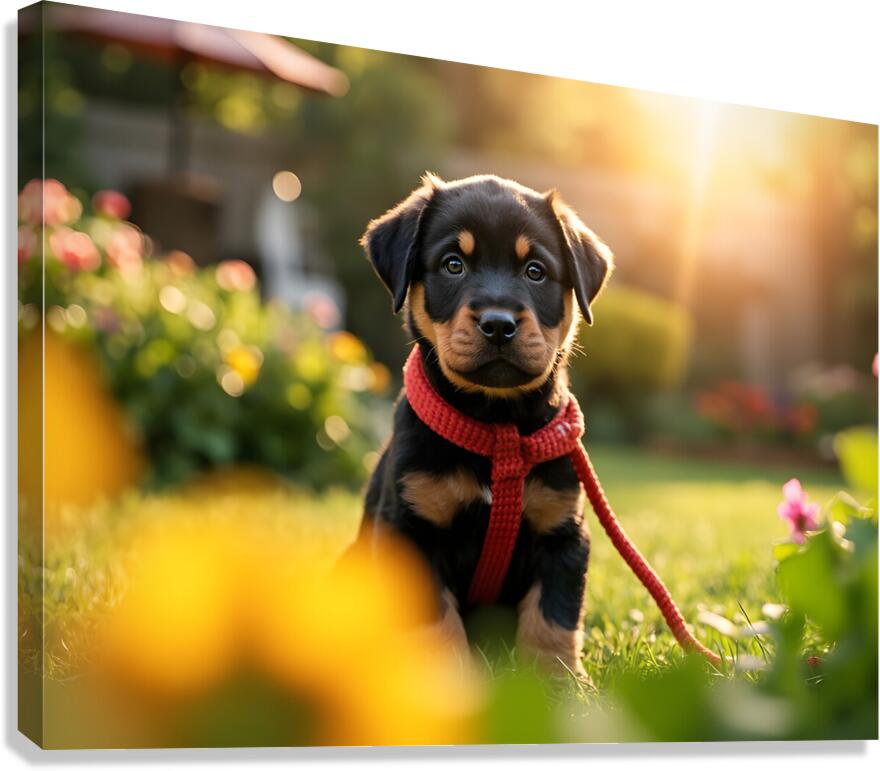 Rottweiler Puppy Gets Tangled In Red Leash Canvas Print