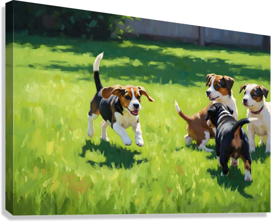 Beagle Puppy Runs To Join Sibling Playtime Fun Canvas Print