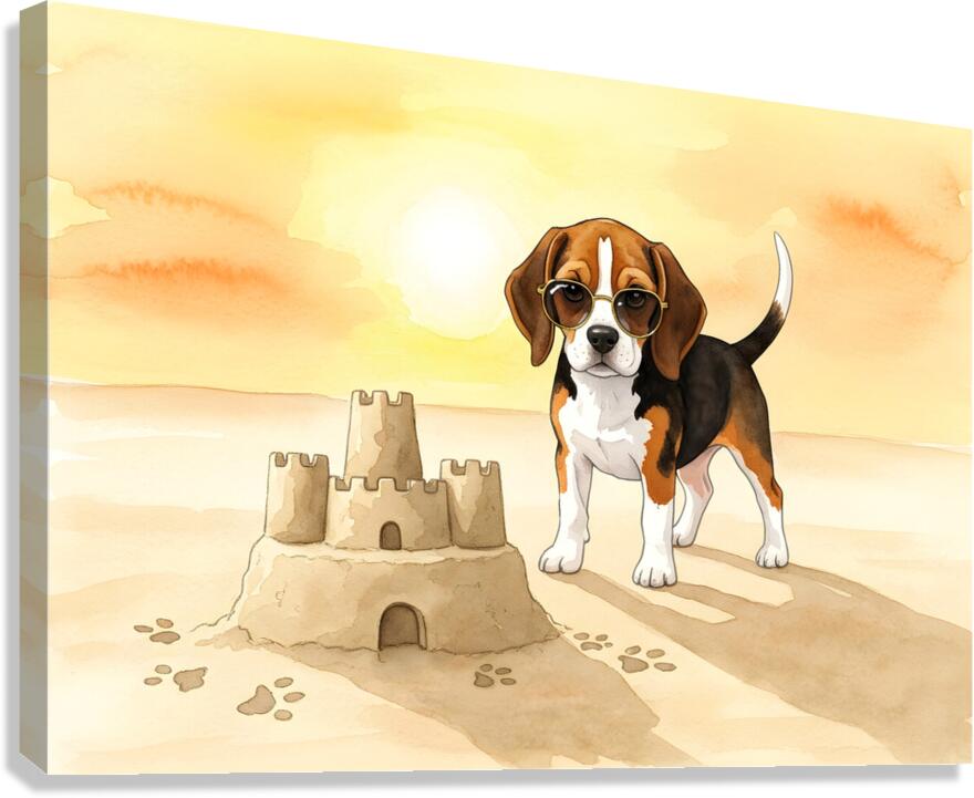 Beagle Puppy Shows Off Sandcastle Creation Canvas Print