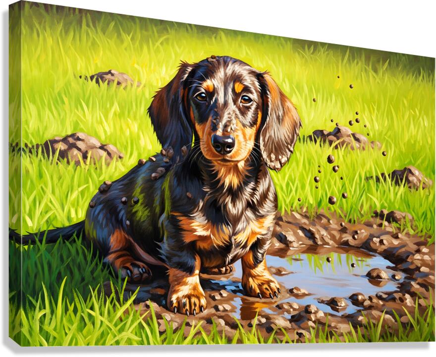 Muddy Dachshund Puppy Sits Contentedly Canvas Print
