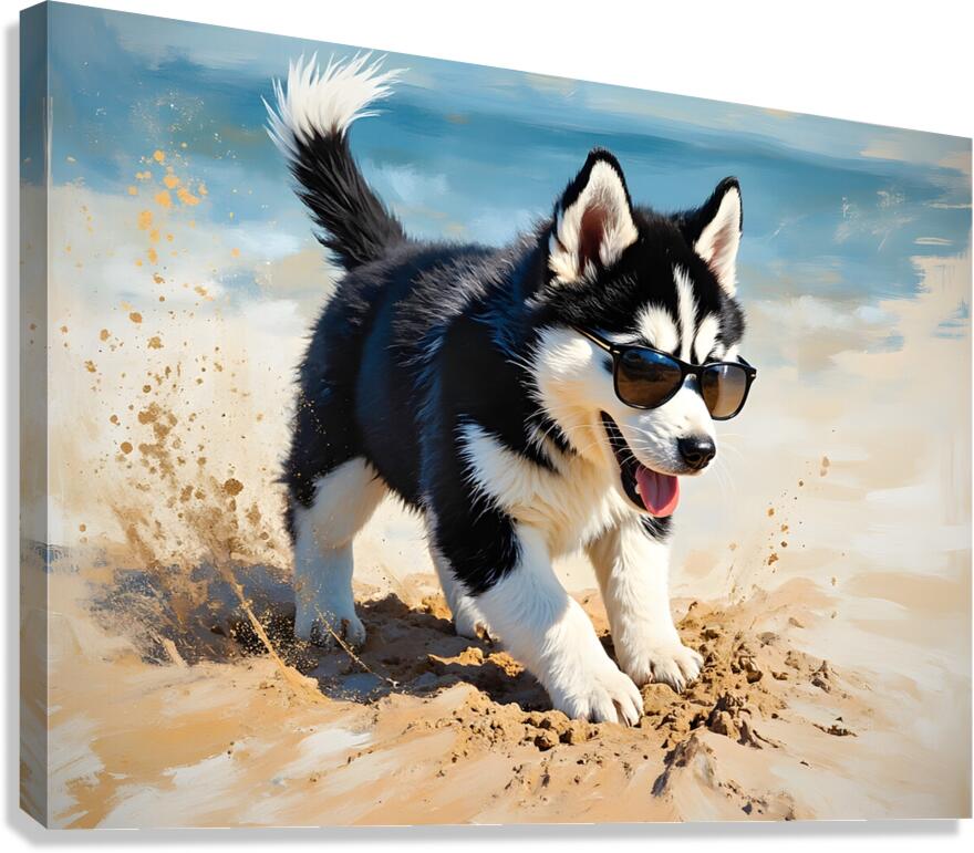 Husky Puppy Digging Excitedly In Beach Sand Canvas Print