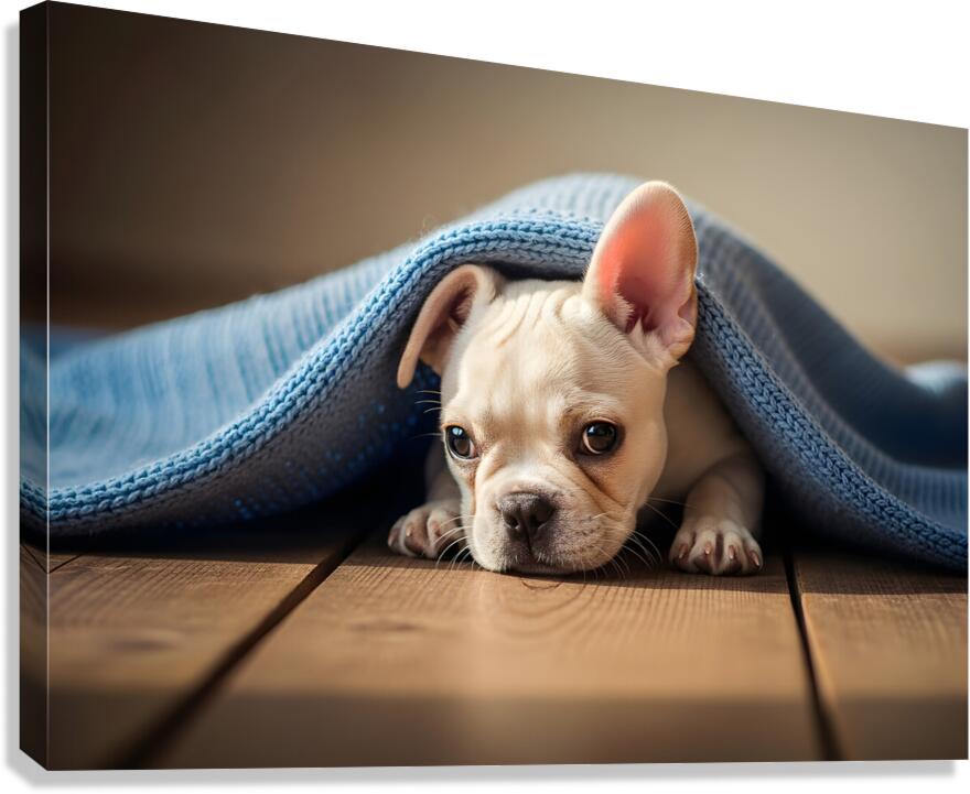 French Bulldog Puppy Discovers Cozy Blanket Adventure Canvas Print