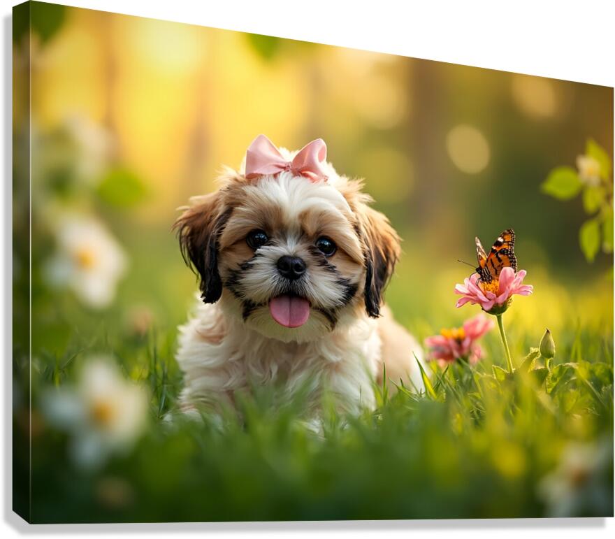 Content Shih Tzu Puppy Watches Butterfly Fly Away Canvas Print