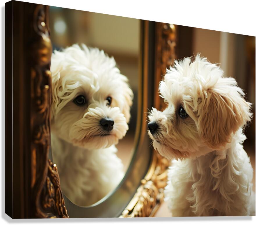Happy Bichon Frise Puppy Wags At His Reflection Canvas Print