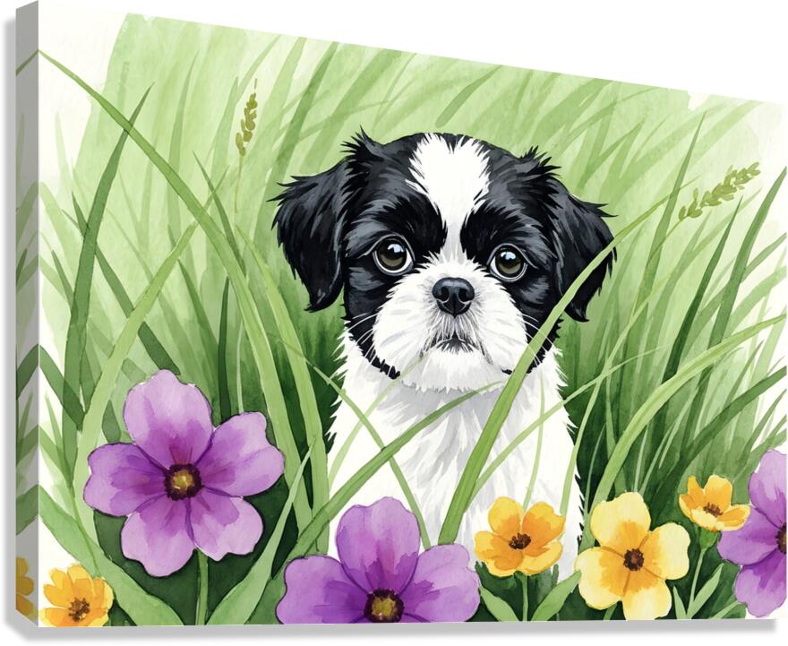 Shih Tzu Puppy Hiding In Tall Grass Canvas Print