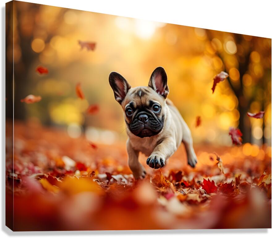 Pug Puppy Discovers Mountain Of Autumn Leaves Canvas Print