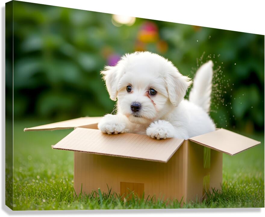 Happy Bichon Frise Puppy With Discovered Toy Treasures Canvas Print