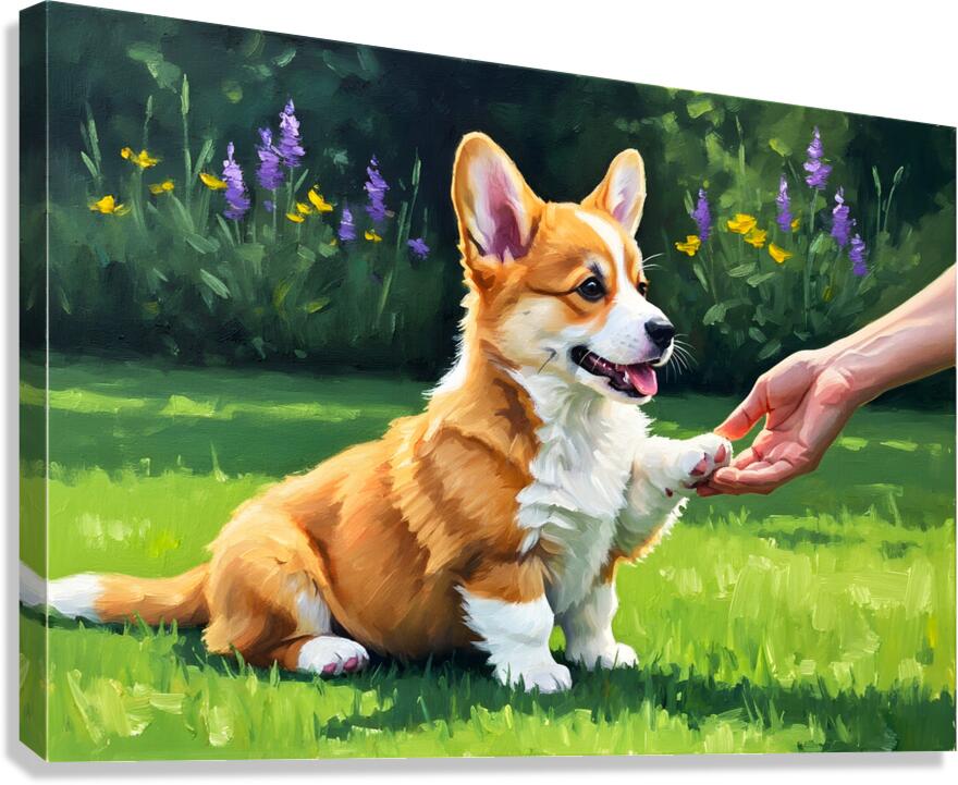 Pembroke Welsh Corgi Puppy Discovers New Hand Game Canvas Print