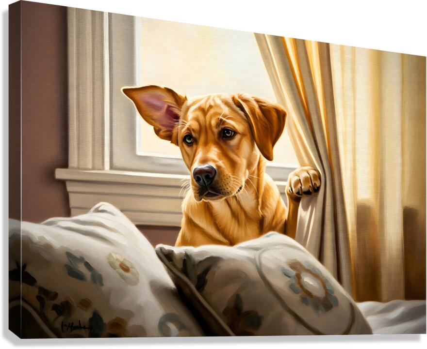 Curious Labrador Puppy Peeking Behind White Curtains Canvas Print