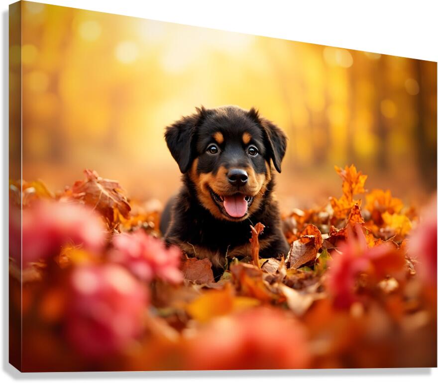 Tired Rottweiler Puppy Rests On Autumn Leaf Bed Canvas Print