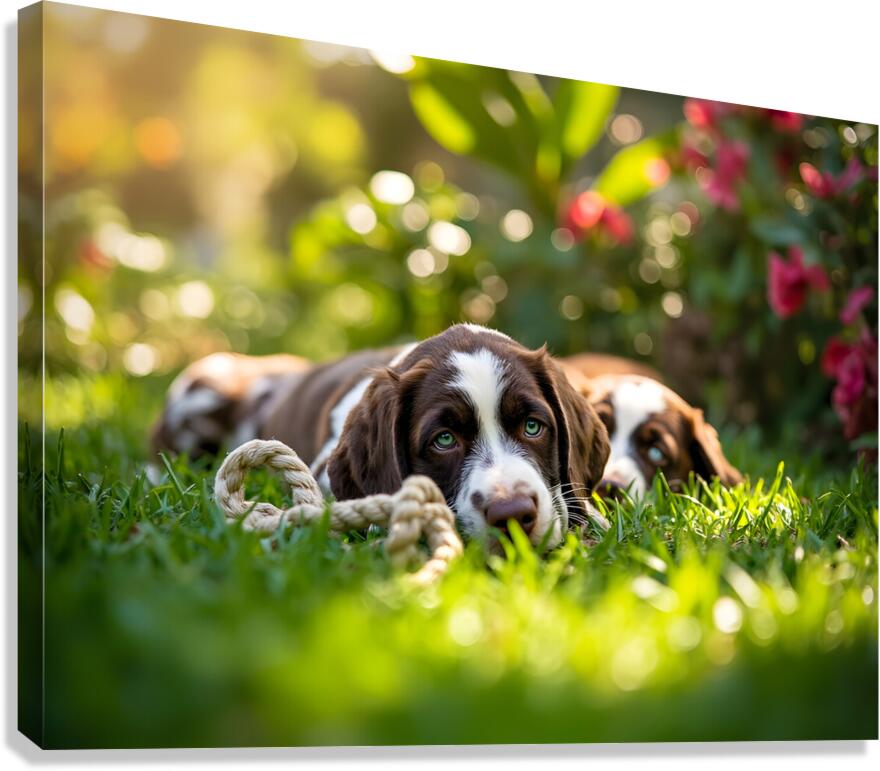 German Shorthaired Pointer Puppies Share Chew Toy Together Canvas Print