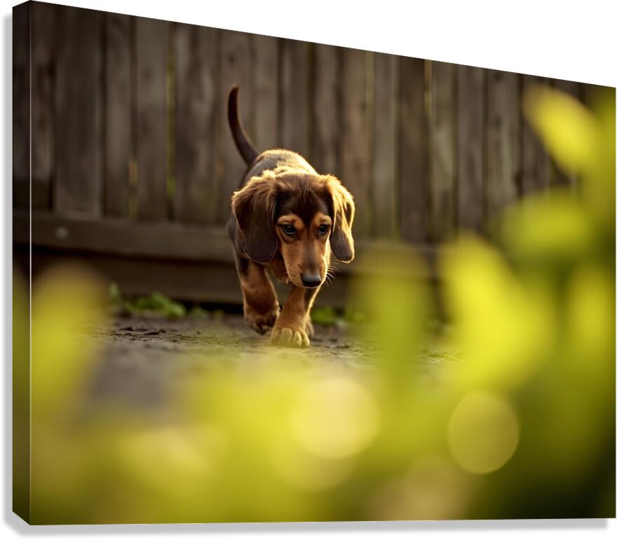 Sleepy Dachshund Puppy Yawns In Garden Canvas Print