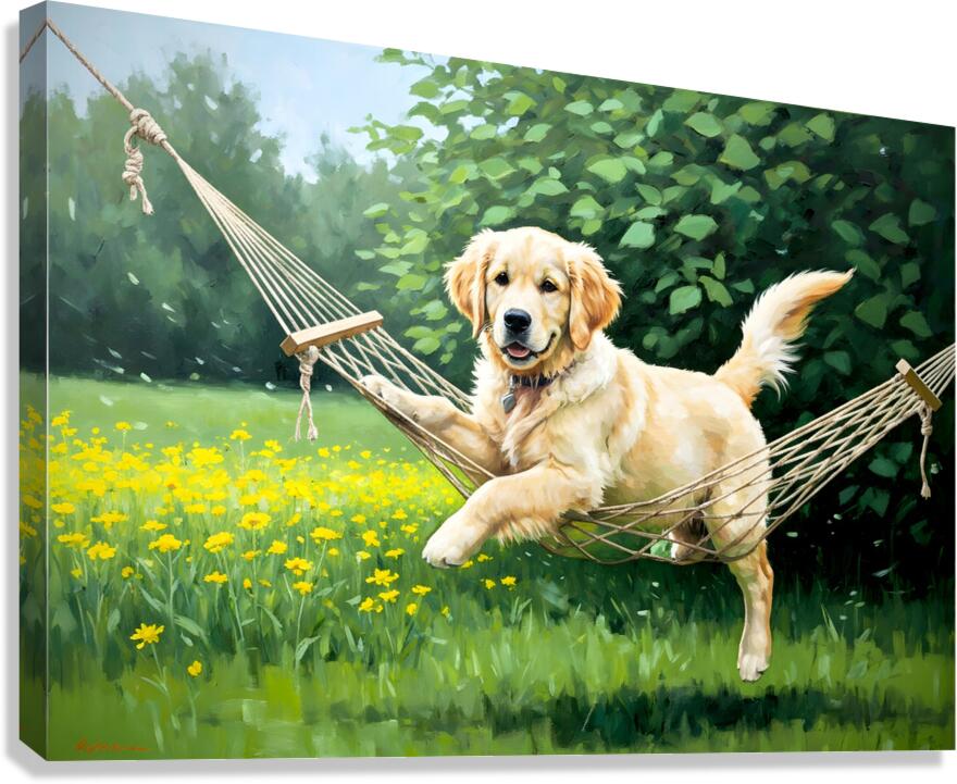 Golden Retriever Puppy Discovers Tiny Hammock In Garden Canvas Print