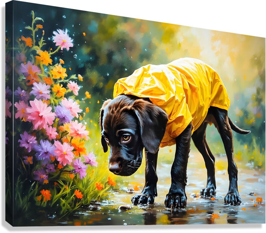 Happy Puppy Rests On Porch After Rainy Walk Canvas Print