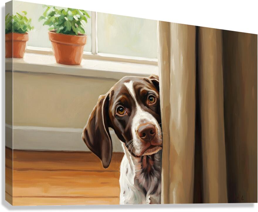 Happy Puppy Emerging From Curtain Hideout Canvas Print