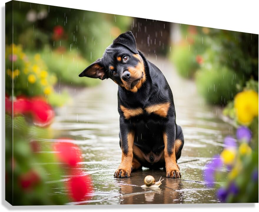 Happy Puppy Walks Away From Peaceful Garden Encounter Canvas Print