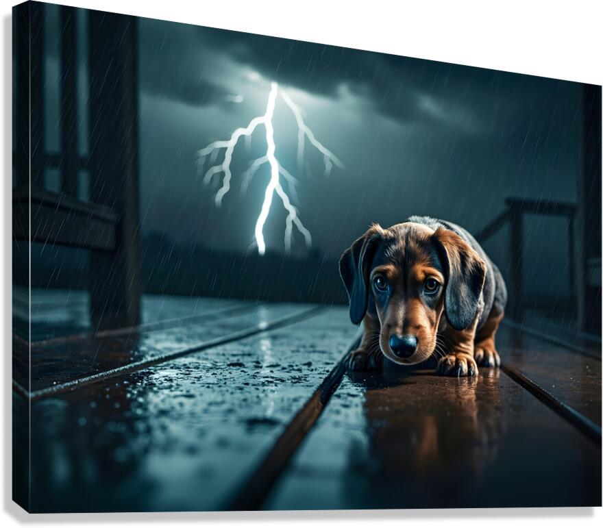 Dachshund Puppy Watches Storm From Covered Porch Canvas Print
