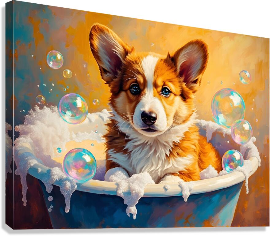 Happy Corgi Puppy Enjoys Bath Time Fun Canvas Print