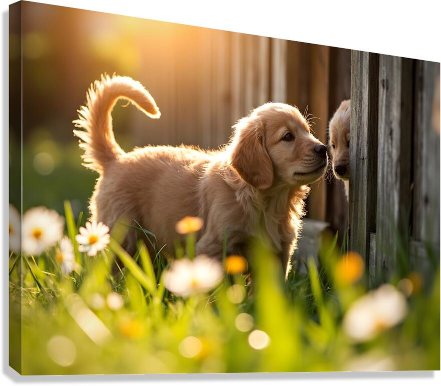 Golden Retriever Puppy Discovers Park Fence Canvas Print