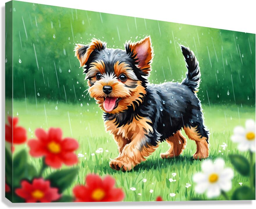 Content Yorkshire Terrier Puppy Rests After Raindrop Adventure Canvas Print