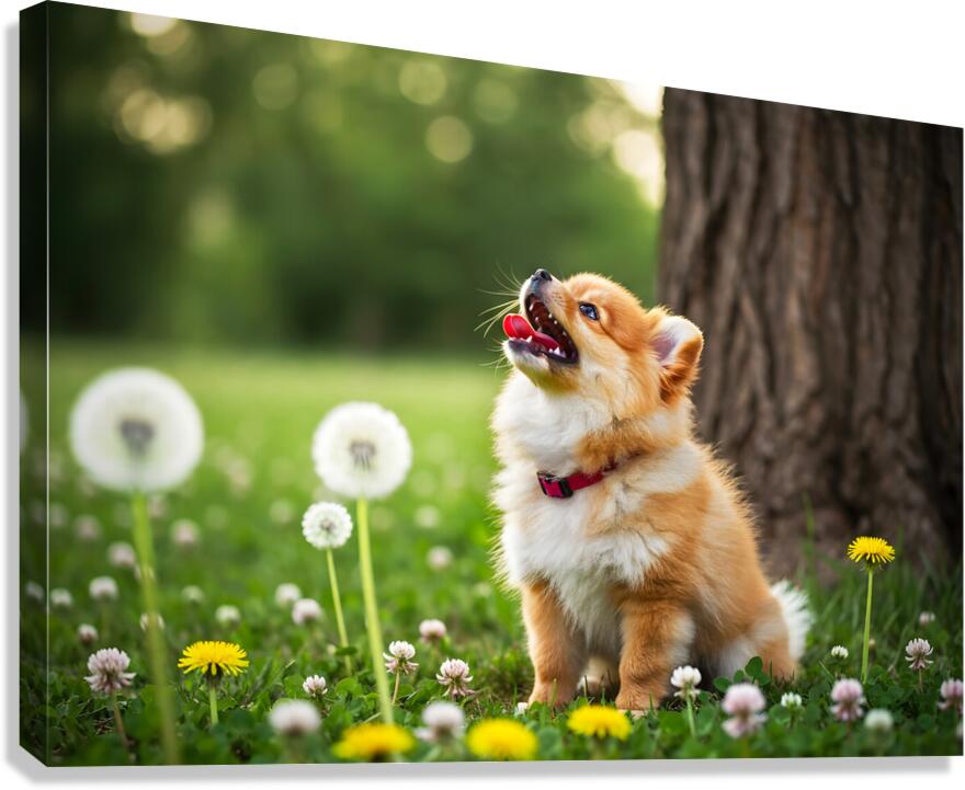 Playful Pomeranian Puppy Finds New Fun Around The Tree Canvas Print