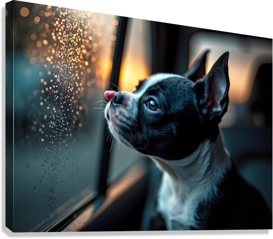 Boston Terrier Puppy Watches Rain From Car Window Canvas Print