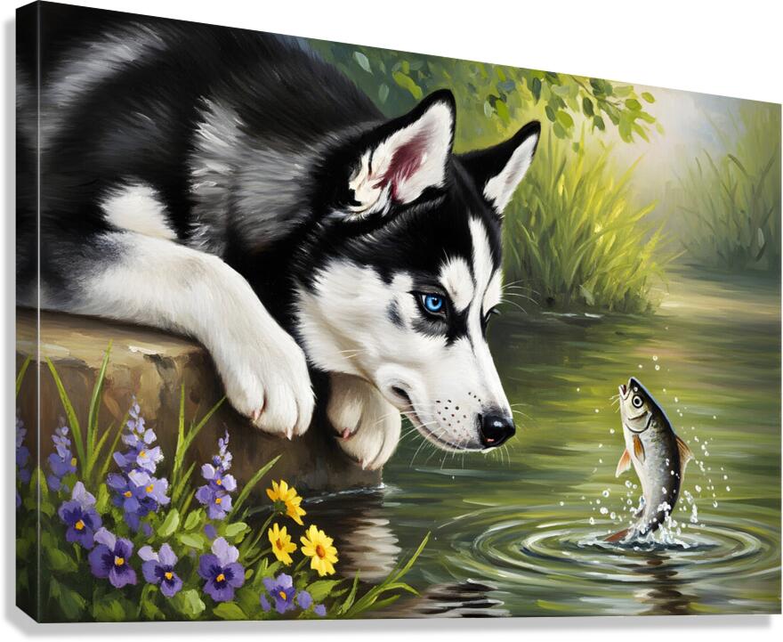 Curious Husky Puppy Discovers Garden Pond Canvas Print