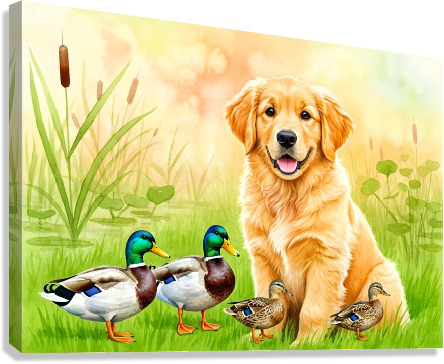 Golden Retriever Puppy Discovers The Pond Canvas Print