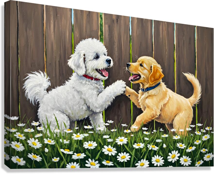 Happy Bichon Frise Puppy Plays With Fence Friend Canvas Print