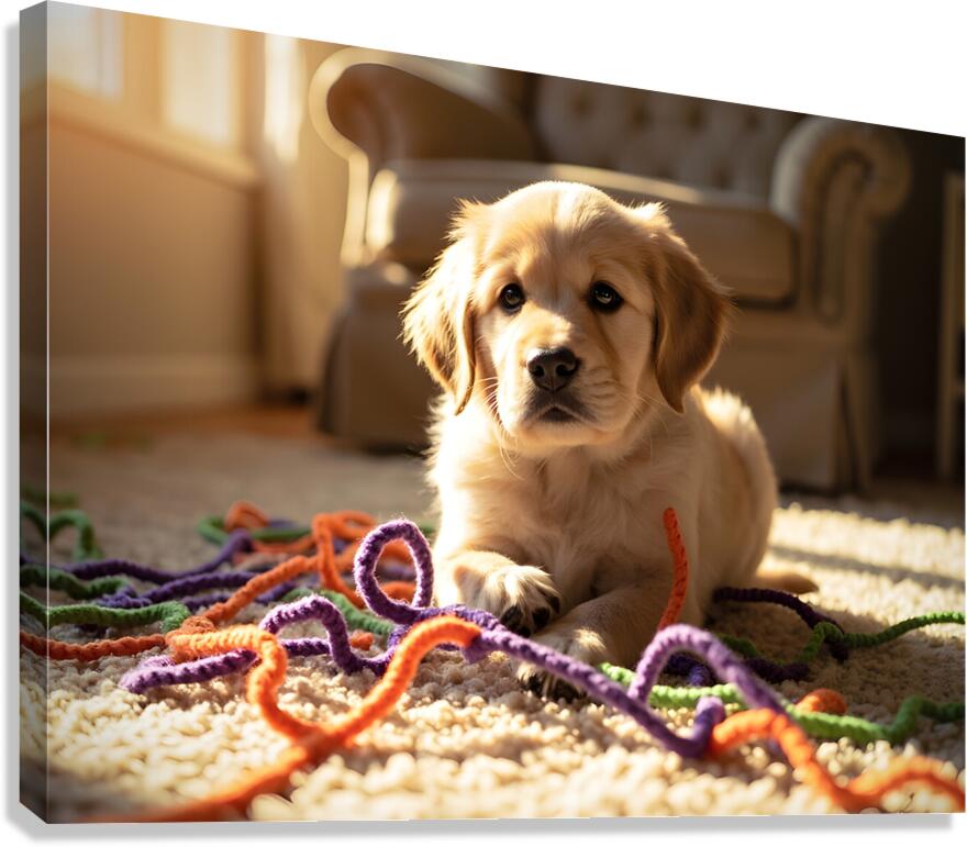 Golden Retriever Puppy Discovers Colorful Yarn Ball Canvas Print