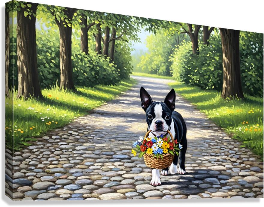 Boston Terrier Puppy With Flower Basket In Garden Canvas Print
