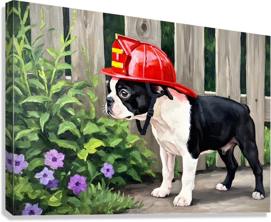 Boston Terrier Puppy Dreams Of Being A Brave Firefighter Canvas Print